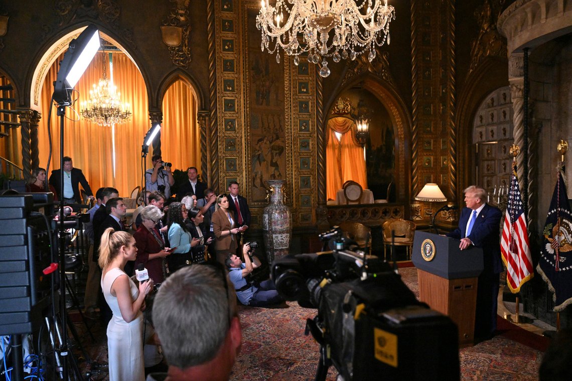 President Donald Trump speaks at Mar-a-Lago in Palm Beach, Fla., Tuesday, Feb. 18, 2025. (Pool via AP) President Donald Trump speaks at Mar-a-Lago in Palm Beach, Fla., Tuesday, Feb. 18, 2025. (Pool via AP)