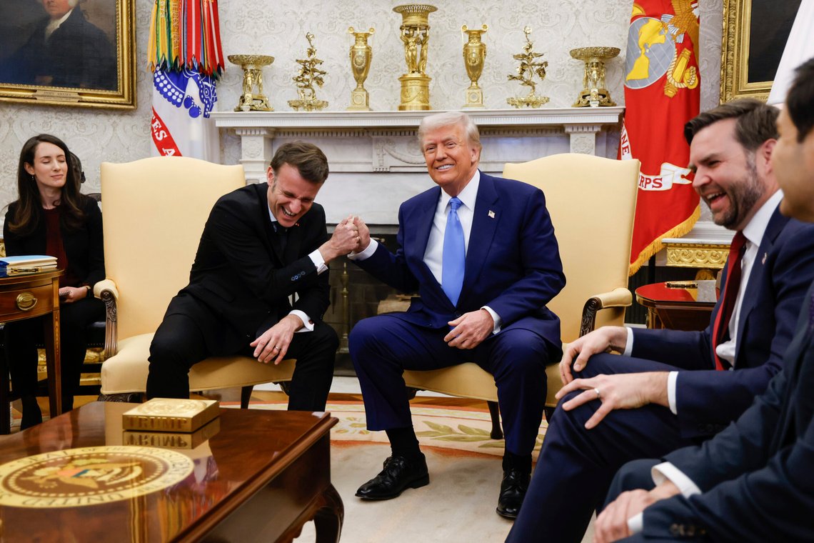 President Donald Trump, center right, meets with France's President Emmanuel Macron, center left, joined by Vice President JD Vance, right, in the Oval Office of the White House in Washington, Monday, Feb. 24, 2025. (Ludovic Marin/Pool via AP) President Donald Trump, center right, meets with France's President Emmanuel Macron, center left, joined by Vice President JD Vance, right, in the Oval Office of the White House in Washington, Monday, Feb. 24, 2025. (Ludovic Marin/Pool via AP)