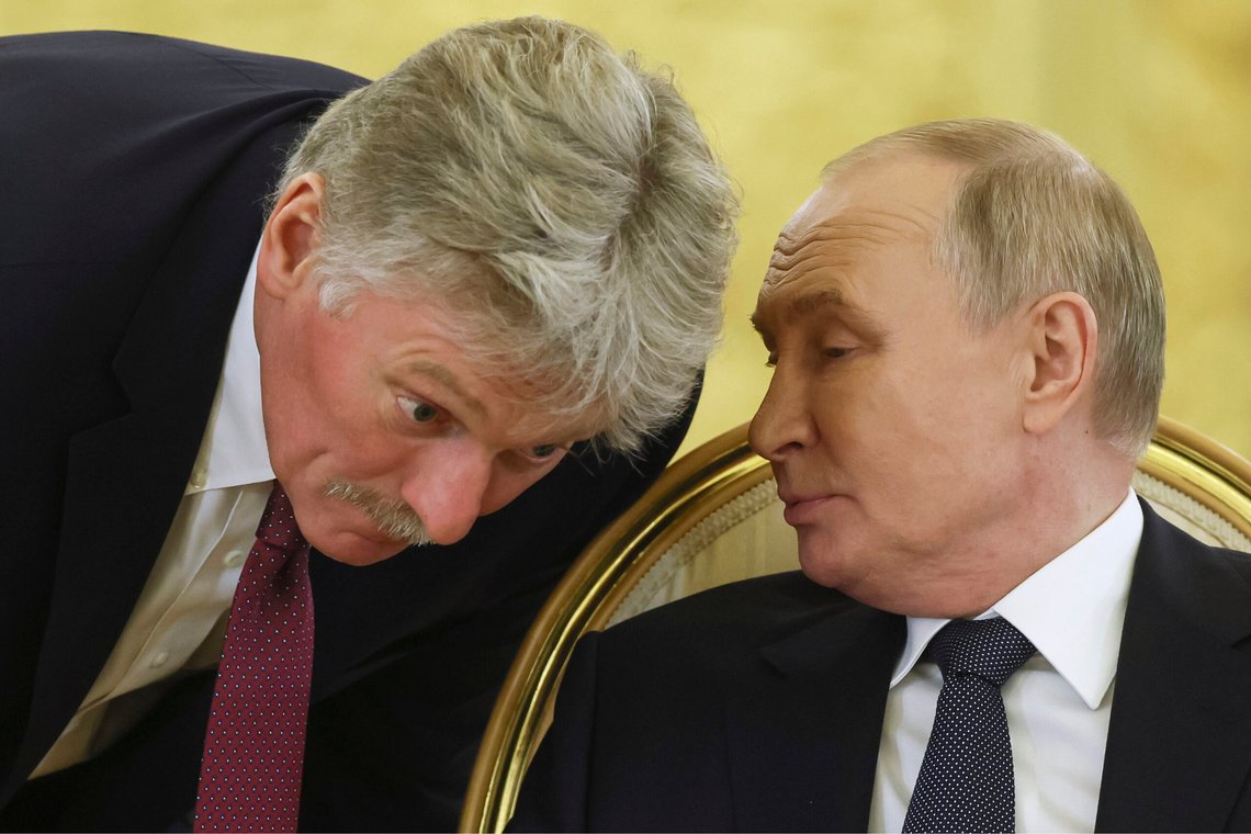 Russian President Vladimir Putin, right, speaks with Kremlin spokesman Dmitry Peskov during an extended meeting at the summit of the heads of state of the Commonwealth of Independent States (CIS) at the Kremlin in Moscow, Russia, Tuesday, Oct. 8, 2024. (Sergei Ilnitsky/Pool Photo via AP) Russian President Vladimir Putin, right, speaks with Kremlin spokesman Dmitry Peskov during an extended meeting at the summit of the heads of state of the Commonwealth of Independent States (CIS) at the Kremlin in Moscow, Russia, Tuesday, Oct. 8, 2024. (Sergei Ilnitsky/Pool Photo via AP)