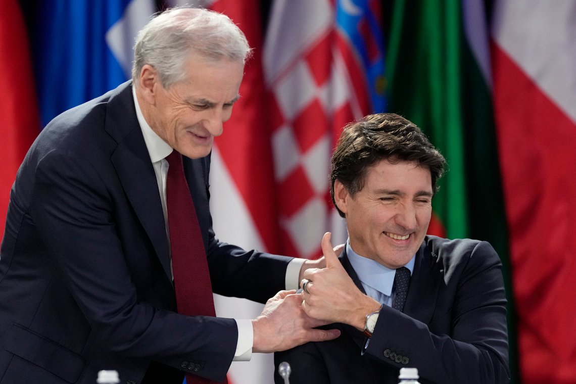 Prime Minister Justin Trudeau (right) shares a laugh with Norway Prime Minister Jonas Gahr Store during a news conference at a security summit in Kyiv, Ukraine, Monday, Feb. 24, 2025. (Frank Gunn/The Canadian Press via AP) Prime Minister Justin Trudeau (right) shares a laugh with Norway Prime Minister Jonas Gahr Store during a news conference at a security summit in Kyiv, Ukraine, Monday, Feb. 24, 2025. (Frank Gunn/The Canadian Press via AP)
