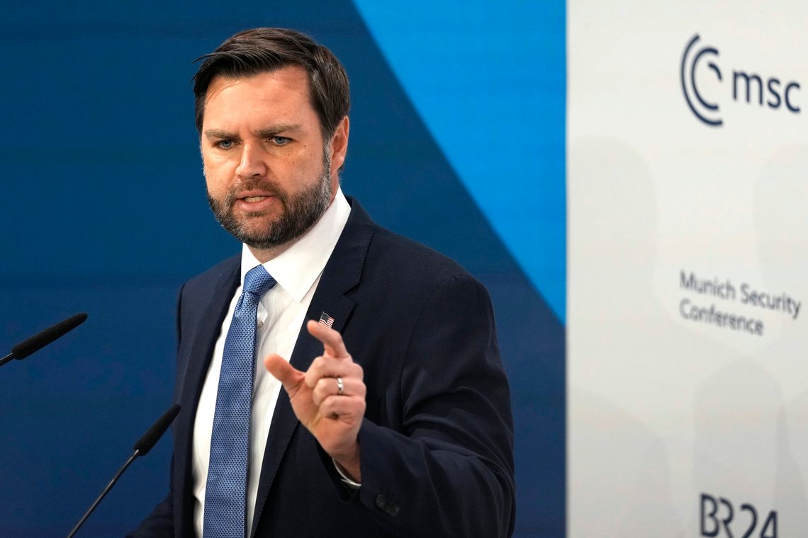 United States Vice-President JD Vance addresses the audience during the Munich Security Conference at the Bayerischer Hof Hotel in Munich, Germany, Friday, Feb. 14, 2025. (AP Photo/Matthias Schrader) United States Vice-President JD Vance addresses the audience during the Munich Security Conference at the Bayerischer Hof Hotel in Munich, Germany, Friday, Feb. 14, 2025. (AP Photo/Matthias Schrader)