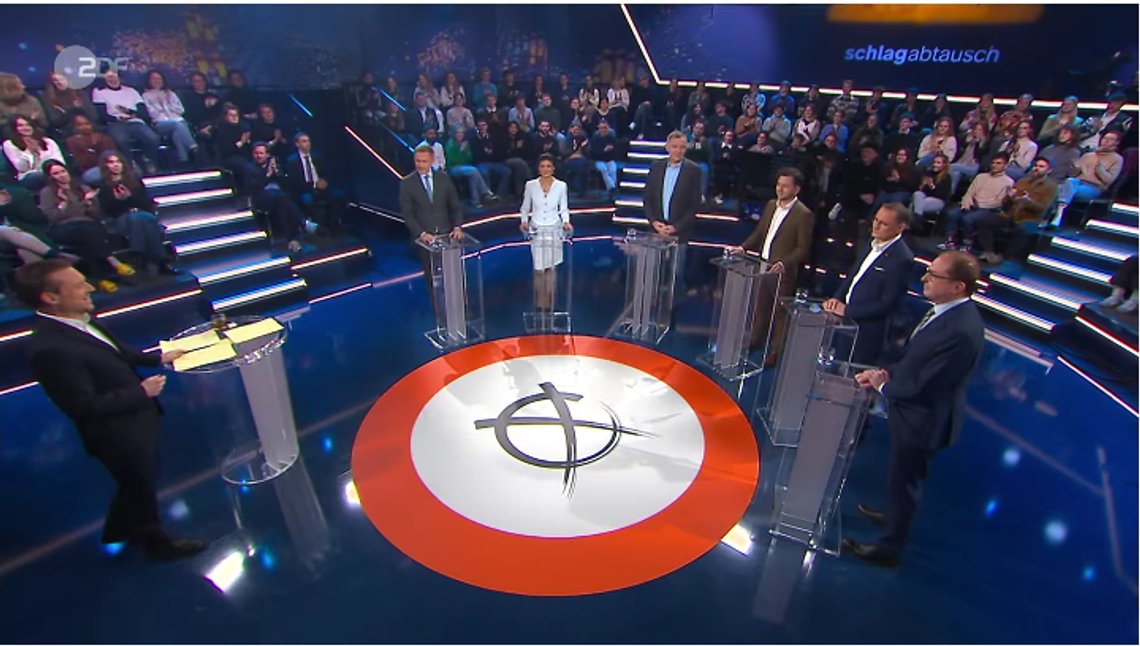 Det har oppstått en medieskandale i Tyskland etter at valgdebatten under programmet «Schlagabtausch» på ZDF hadde fylt salen med tilskuere som kun viste støtte til venstresiden. Stillbilde ZDF Det har oppstått en medieskandale i Tyskland etter at valgdebatten under programmet «Schlagabtausch» på ZDF hadde fylt salen med tilskuere som kun viste støtte til venstresiden. Stillbilde ZDF