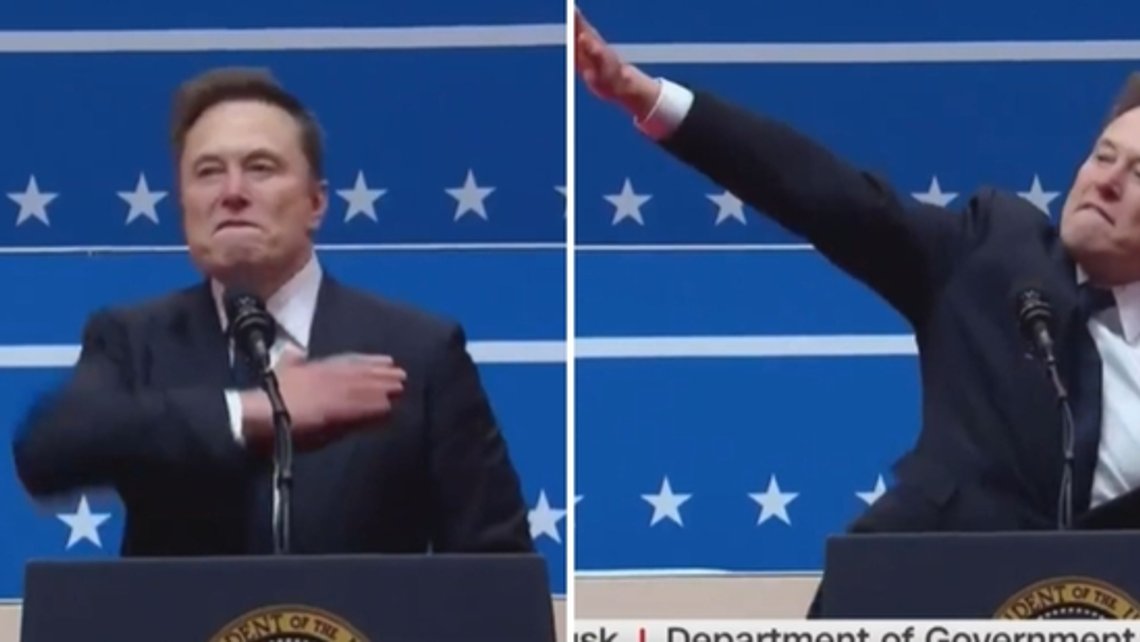 Diskusjonen rundt Elon Musks såkalte nazi-hilsen pågår uten stans. Stillbilde video, hvor man også ser Musk ta seg til hjertet. Diskusjonen rundt Elon Musks såkalte nazi-hilsen pågår uten stans. Stillbilde video, hvor man også ser Musk ta seg til hjertet.