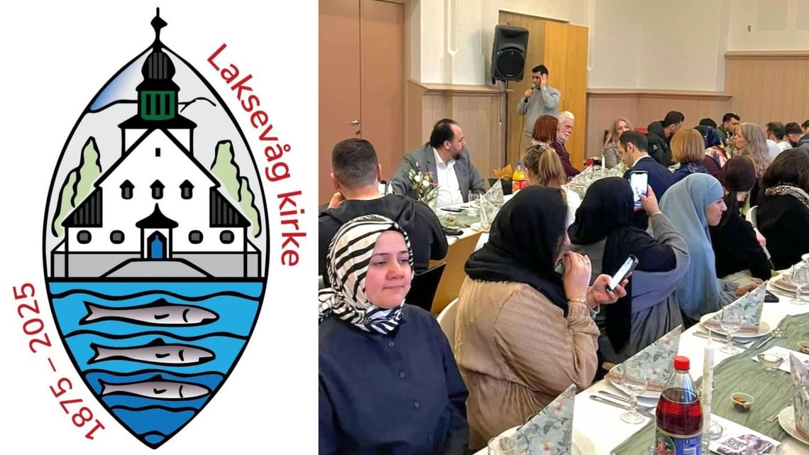 Bilde fra årets iftar i Nykirken i Bergen, med bønnerop om at Allah er størst, og 150-årsjubilanten Laksevåg kirke, som også skal feire islam. Skjermdump Laksevåg kirke/Kirkelig dialogsenter Bergen. Bilde fra årets iftar i Nykirken i Bergen, med bønnerop om at Allah er størst, og 150-årsjubilanten Laksevåg kirke, som også skal feire islam. Skjermdump Laksevåg kirke/Kirkelig dialogsenter Bergen.