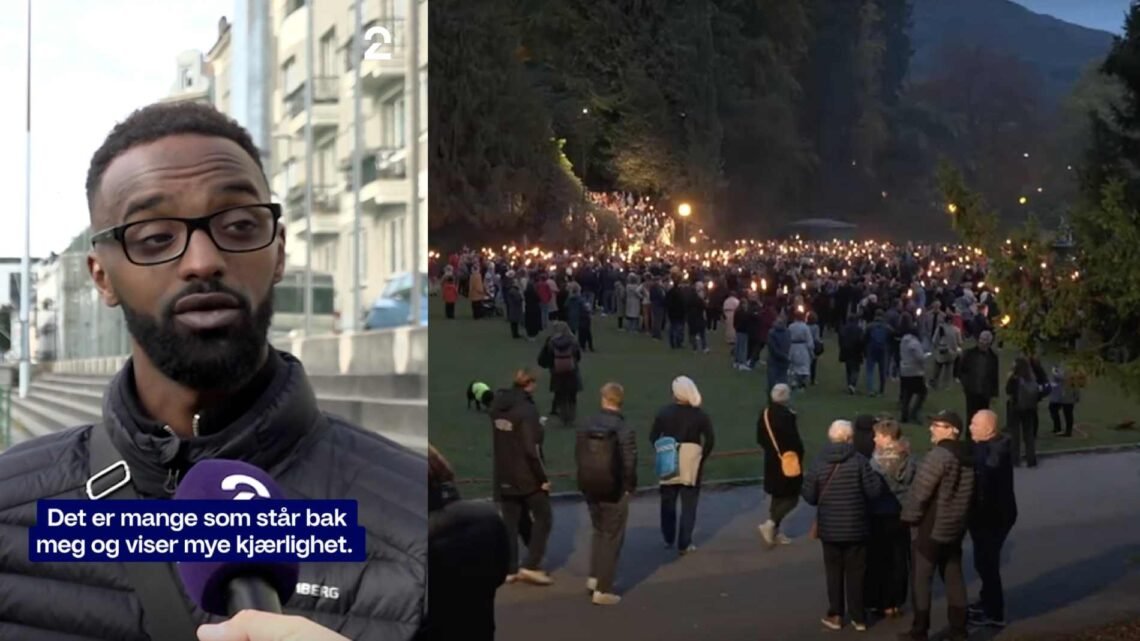 TILTALT: Hamse Ali var takknemlig for støtten og blir intervjuet av TV 2 (t.v.). NRK Vestlandsrevyen var til stede under fakkeltoget (t.h.), som fylte Nygårdsparken i Bergen. TILTALT: Hamse Ali var takknemlig for støtten og blir intervjuet av TV 2 (t.v.). NRK Vestlandsrevyen var til stede under fakkeltoget (t.h.), som fylte Nygårdsparken i Bergen.
