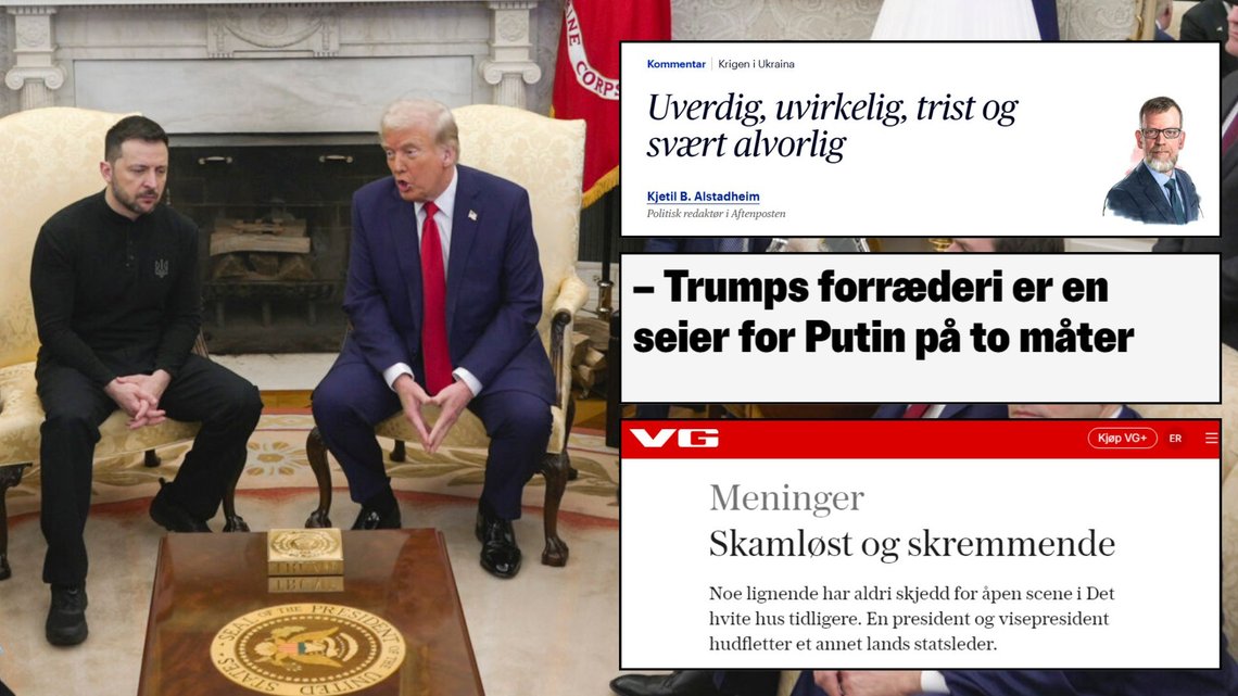 KRANGEL: Volodymyr Zelenskyj fikk passet påskrevet etter han oppførte seg uhøflig og arrogant overfor Donald Trump i det ovale kontor. Foto: Montasje: NTB/Skjermdump KRANGEL: Volodymyr Zelenskyj fikk passet påskrevet etter han oppførte seg uhøflig og arrogant overfor Donald Trump i det ovale kontor. Foto: Montasje: NTB/Skjermdump