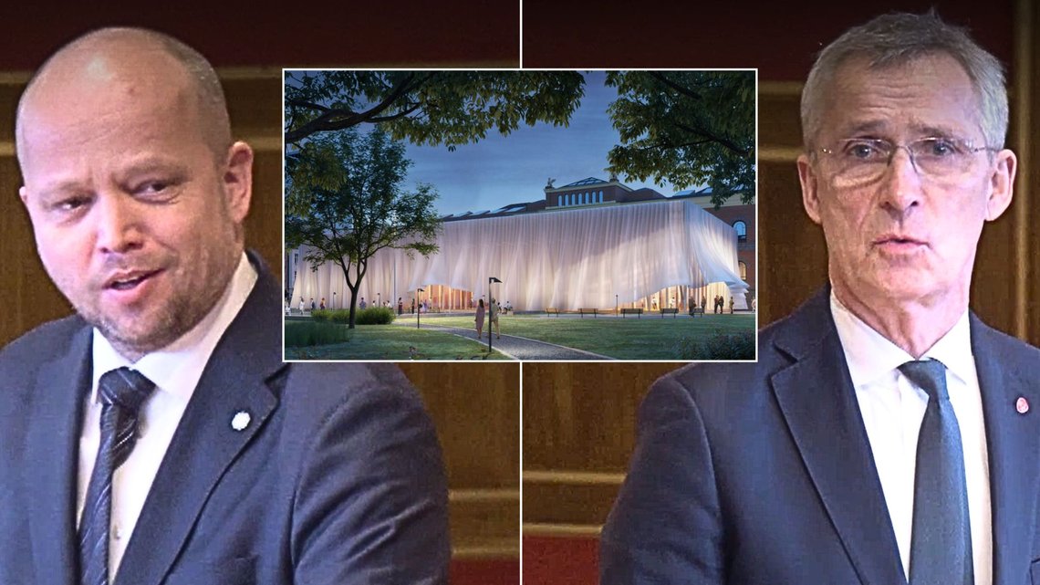 MÅTEHOLD: Sp-leder Trygve Slagsvold Vedum mener finansminister Jens Stoltenberg (Ap) må sikre at det ikke kastes penger etter et underjordisk teater, som kan bli en kostnadsbombe. Foto: Stortinget MÅTEHOLD: Sp-leder Trygve Slagsvold Vedum mener finansminister Jens Stoltenberg (Ap) må sikre at det ikke kastes penger etter et underjordisk teater, som kan bli en kostnadsbombe. Foto: Stortinget