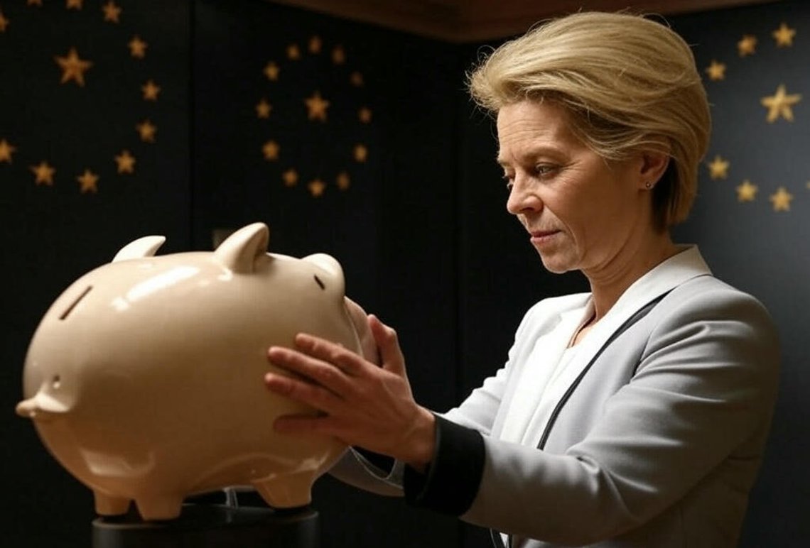 Ursula von der Leyen vil, sammen med EU-kommisjonen, gå løs på sparegrisene våre for å finansiere mer meningsløs klimapoltikk. Foto: Grok Ursula von der Leyen vil, sammen med EU-kommisjonen, gå løs på sparegrisene våre for å finansiere mer meningsløs klimapoltikk. Foto: Grok