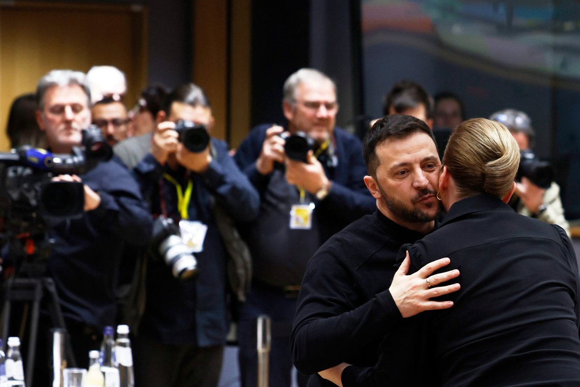 Ukraine's President Volodymyr Zelenskyy, second right, greets Denmark's Prime Minister Mette Frederiksen during a round table meeting at an EU Summit in Brussels, Thursday, March 6, 2025. (AP Photo/Geert Vanden Wijngaert) Ukraine's President Volodymyr Zelenskyy, second right, greets Denmark's Prime Minister Mette Frederiksen during a round table meeting at an EU Summit in Brussels, Thursday, March 6, 2025. (AP Photo/Geert Vanden Wijngaert)