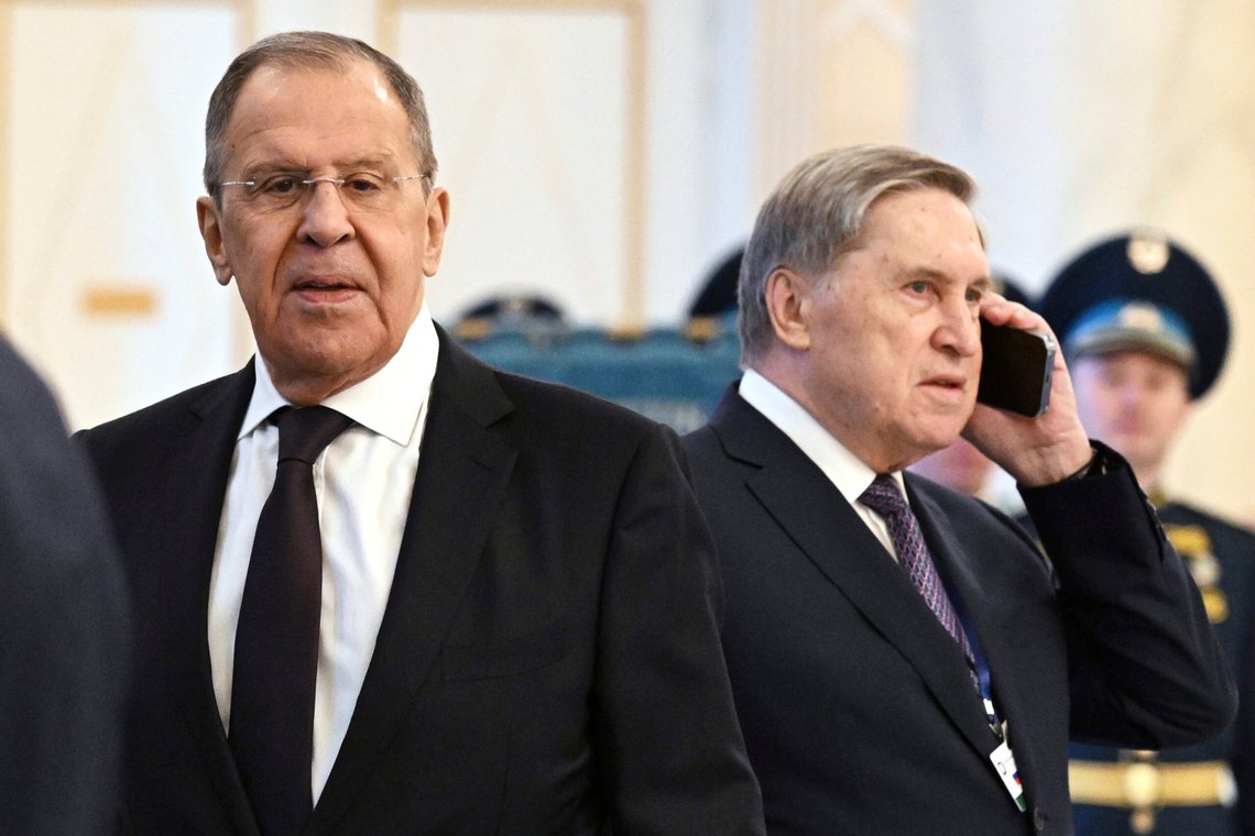 Russian Foreign Minister Sergey Lavrov, left, and Russian President Vladimir Putin's adviser Yuri Ushakov attend an official welcome ceremony for Russian President Vladimir Putin at the Akorda Presidential residence in Astana, Kazakhstan, Thursday, Nov. 9, 2023. (Konstantin Zavrazhin, Sputnik, Kremlin Pool Photo via AP) Russian Foreign Minister Sergey Lavrov, left, and Russian President Vladimir Putin's adviser Yuri Ushakov attend an official welcome ceremony for Russian President Vladimir Putin at the Akorda Presidential residence in Astana, Kazakhstan, Thursday, Nov. 9, 2023. (Konstantin Zavrazhin, Sputnik, Kremlin Pool Photo via AP)