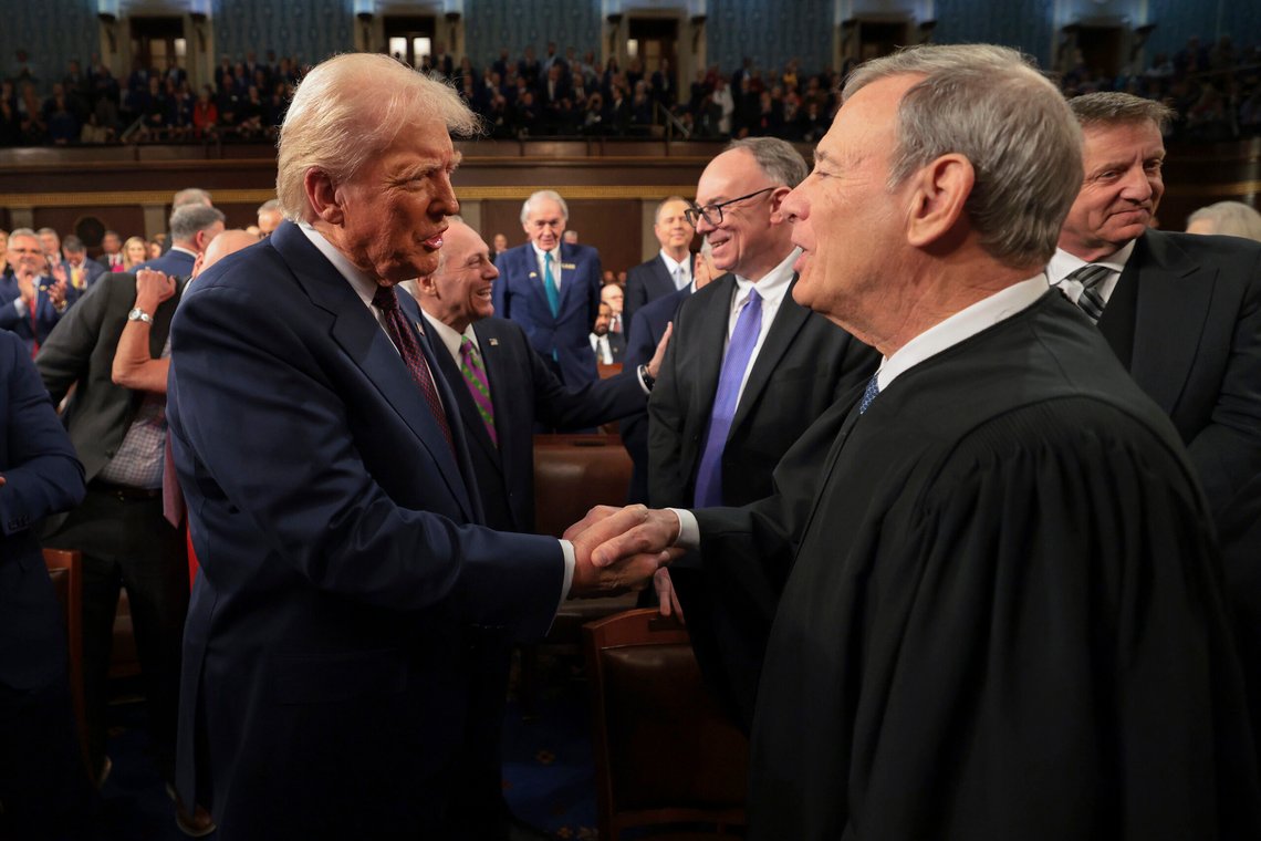 President Donald Trump, left, greets Chief Justice of the Supreme Court John Roberts, right, as he arrives to address a joint session of Congress at the Capitol in Washington, Tuesday, March 4, 2025. (Win McNamee/Pool Photo via AP) President Donald Trump, left, greets Chief Justice of the Supreme Court John Roberts, right, as he arrives to address a joint session of Congress at the Capitol in Washington, Tuesday, March 4, 2025. (Win McNamee/Pool Photo via AP)