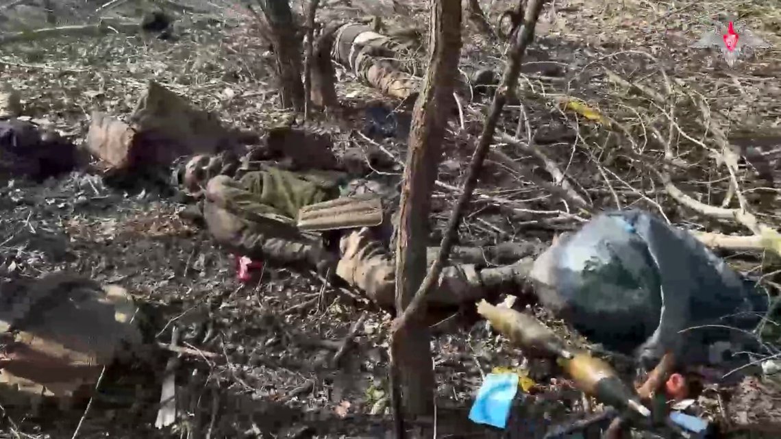 In this photo distributed by Russian Defense Ministry Press Service on Sunday, March 16, 2025, bodies of dead Ukrainian servicemen lies on the ground at an area in the Kursk region of Russia after it was taken over by Russian troops. (Russian Defense Ministry Press Service via AP) In this photo distributed by Russian Defense Ministry Press Service on Sunday, March 16, 2025, bodies of dead Ukrainian servicemen lies on the ground at an area in the Kursk region of Russia after it was taken over by Russian troops. (Russian Defense Ministry Press Service via AP)
