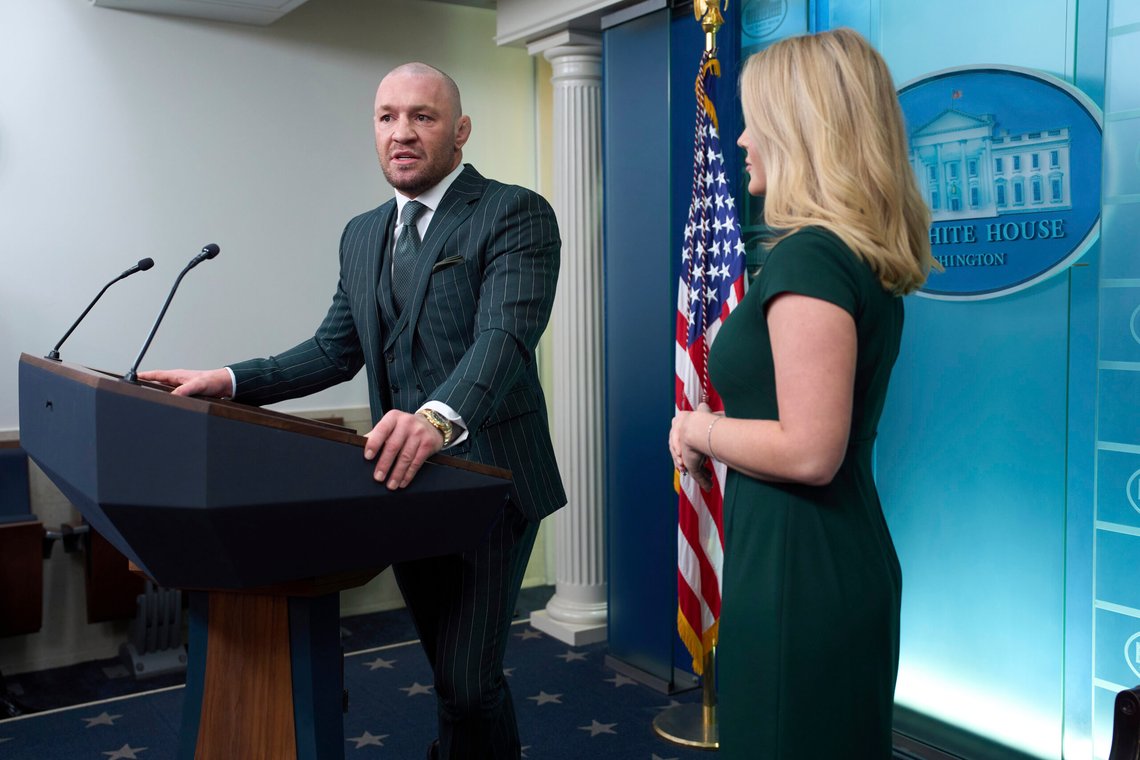 White House press secretary Karoline Leavitt listens as UFC fighter Conor McGregor speaks with reporters in the briefing room of the White House, Monday, March 17, 2025, in Washington. (AP Photo/Evan Vucci) White House press secretary Karoline Leavitt listens as UFC fighter Conor McGregor speaks with reporters in the briefing room of the White House, Monday, March 17, 2025, in Washington. (AP Photo/Evan Vucci)