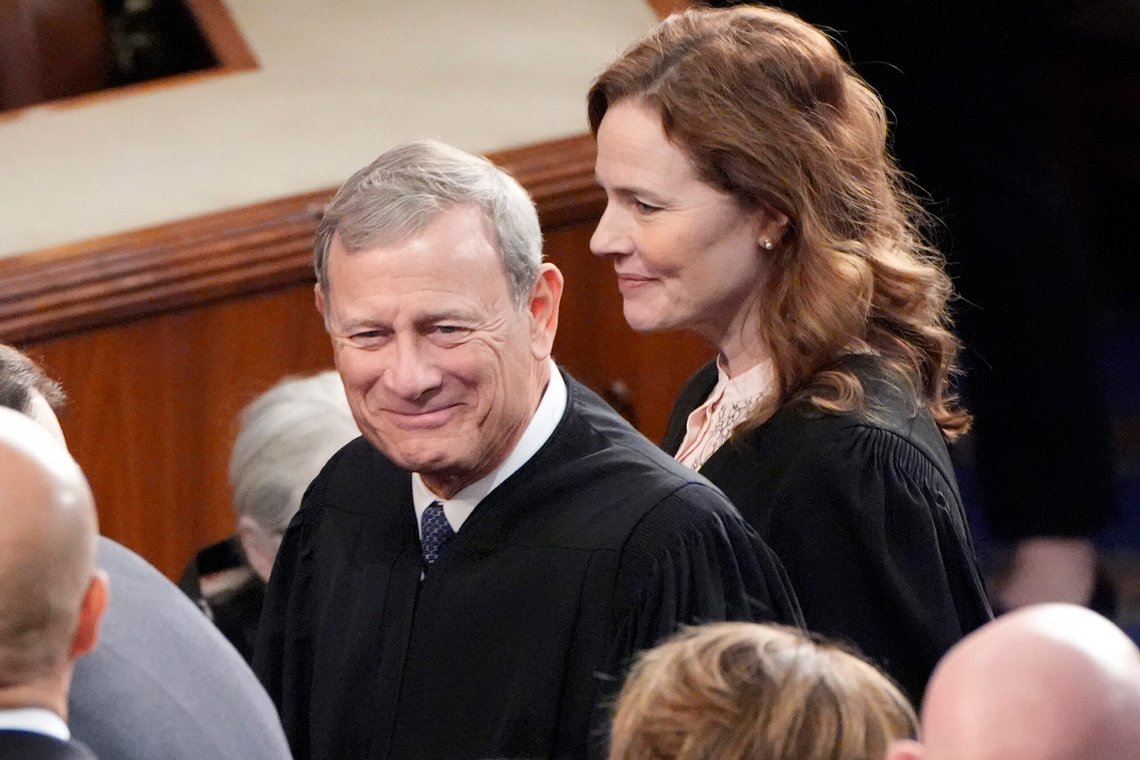 Chief Justice of the United States John Roberts, left, and Supreme Court Associate Amy Coney Barrett, right, arrive before President Donald Trump addresses a joint session of Congress on Capitol Hill in Washington, Tuesday, March 4, 2025. (AP Photo/Alex Brandon) Chief Justice of the United States John Roberts, left, and Supreme Court Associate Amy Coney Barrett, right, arrive before President Donald Trump addresses a joint session of Congress on Capitol Hill in Washington, Tuesday, March 4, 2025. (AP Photo/Alex Brandon)