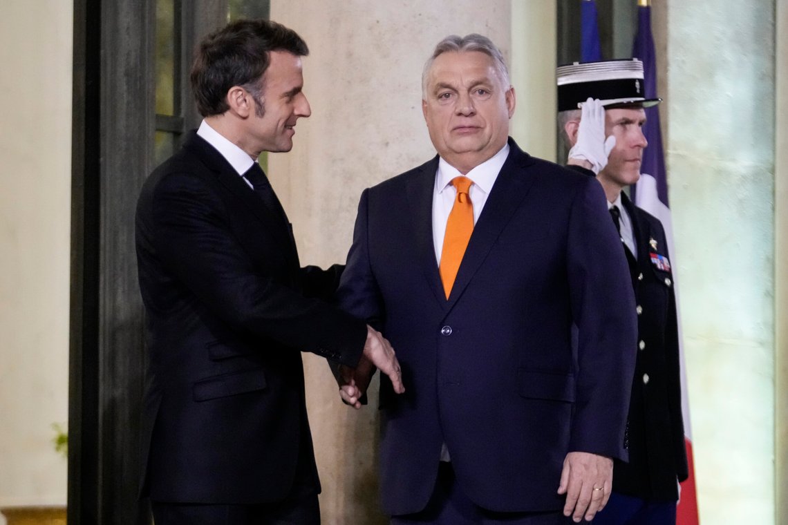 French President Emmanuel Macron, left, welcomes Hungarian Prime Minister Viktor Orban at the Elysee Palace, in Paris, Wednesday, March 5, 2025. (AP Photo/Michel Euler) French President Emmanuel Macron, left, welcomes Hungarian Prime Minister Viktor Orban at the Elysee Palace, in Paris, Wednesday, March 5, 2025. (AP Photo/Michel Euler)