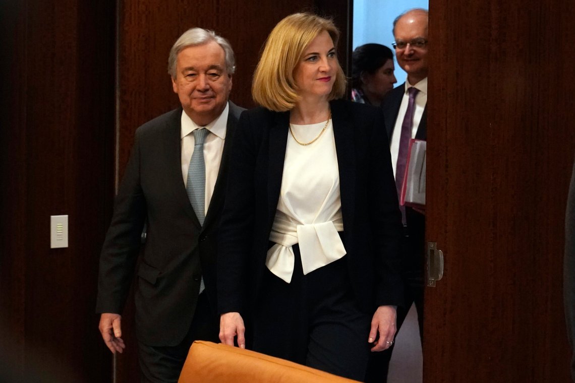 Austria Foreign Minister Beate Meinl-Reisinger, right, and UN Secretary General Antonio Guterres, left, arrive for their meeting at UN headquarters, Monday, March 24, 2025. (AP Photo/Richard Drew) Austria Foreign Minister Beate Meinl-Reisinger, right, and UN Secretary General Antonio Guterres, left, arrive for their meeting at UN headquarters, Monday, March 24, 2025. (AP Photo/Richard Drew)
