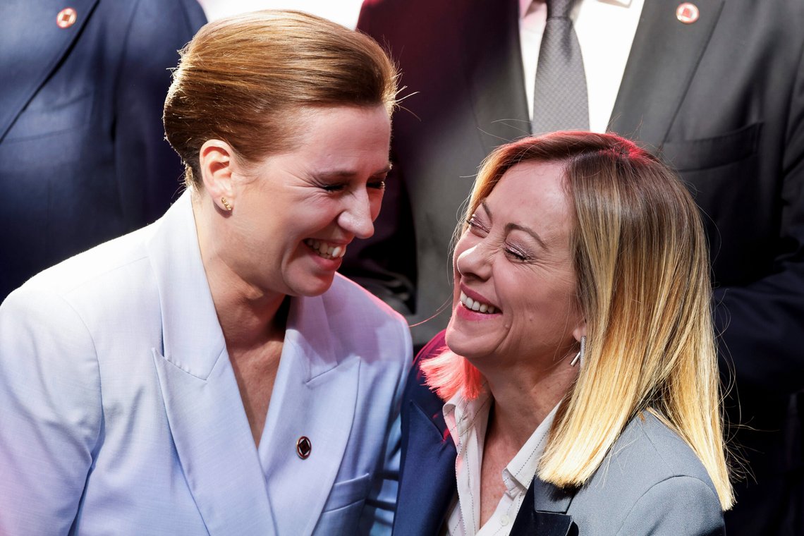 Denmark's Prime Minister Mette Frederiksen, left, laughs with Italian Prime Minister Giorgia Meloni before posing for a family picture as part of the so-called Coalition of the willing summit at the Elysee Palace, Thursday, March 27, 2025 in Paris. (Ludovic Marin, Pool via AP) Denmark's Prime Minister Mette Frederiksen, left, laughs with Italian Prime Minister Giorgia Meloni before posing for a family picture as part of the so-called Coalition of the willing summit at the Elysee Palace, Thursday, March 27, 2025 in Paris. (Ludovic Marin, Pool via AP)