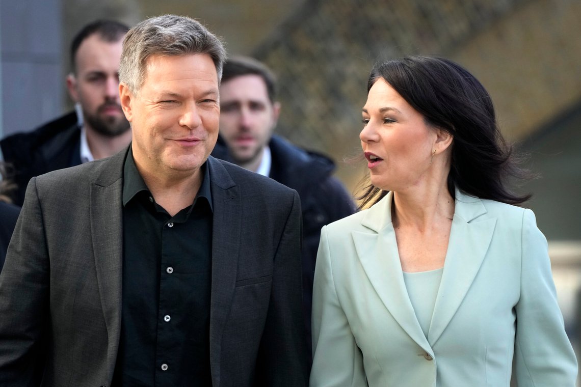 Annalena Baerbock, right, German Foreign Minister and member of the Greens, and Robert Habeck, left, Vice Chancellor and member of the Greens, arrive for a press conference in Berlin, Germany, Monday, Feb. 24, 2025, the day after the national election. (AP Photo/Michael Probst) Annalena Baerbock, right, German Foreign Minister and member of the Greens, and Robert Habeck, left, Vice Chancellor and member of the Greens, arrive for a press conference in Berlin, Germany, Monday, Feb. 24, 2025, the day after the national election. (AP Photo/Michael Probst)