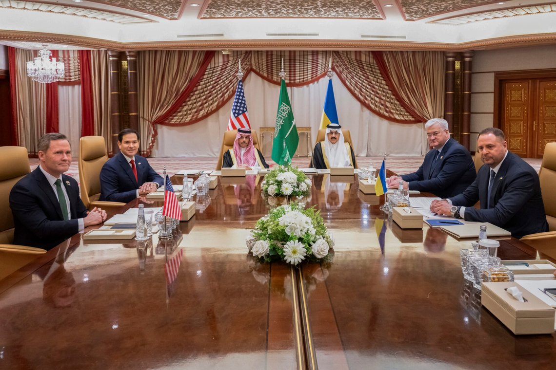 From left, US National Security Advisor Mike Waltz, US Secretary of State Marco Rubio, Saudi Arabian Foreign Minister Prince Faisal bin Farhan, Saudi National Security Advisor Mosaad bin Mohammad al-Aiban, Ukrainian Foreign Minister Andrii Sybiha, and Ukrainian Head of Presidential Office Andriy Yermak hold a meeting in Jeddah, Saudi Arabia, Tuesday, March 11, 2025. (Saul Loeb/Pool Photo via AP) From left, US National Security Advisor Mike Waltz, US Secretary of State Marco Rubio, Saudi Arabian Foreign Minister Prince Faisal bin Farhan, Saudi National Security Advisor Mosaad bin Mohammad al-Aiban, Ukrainian Foreign Minister Andrii Sybiha, and Ukrainian Head of Presidential Office Andriy Yermak hold a meeting in Jeddah, Saudi Arabia, Tuesday, March 11, 2025. (Saul Loeb/Pool Photo via AP)