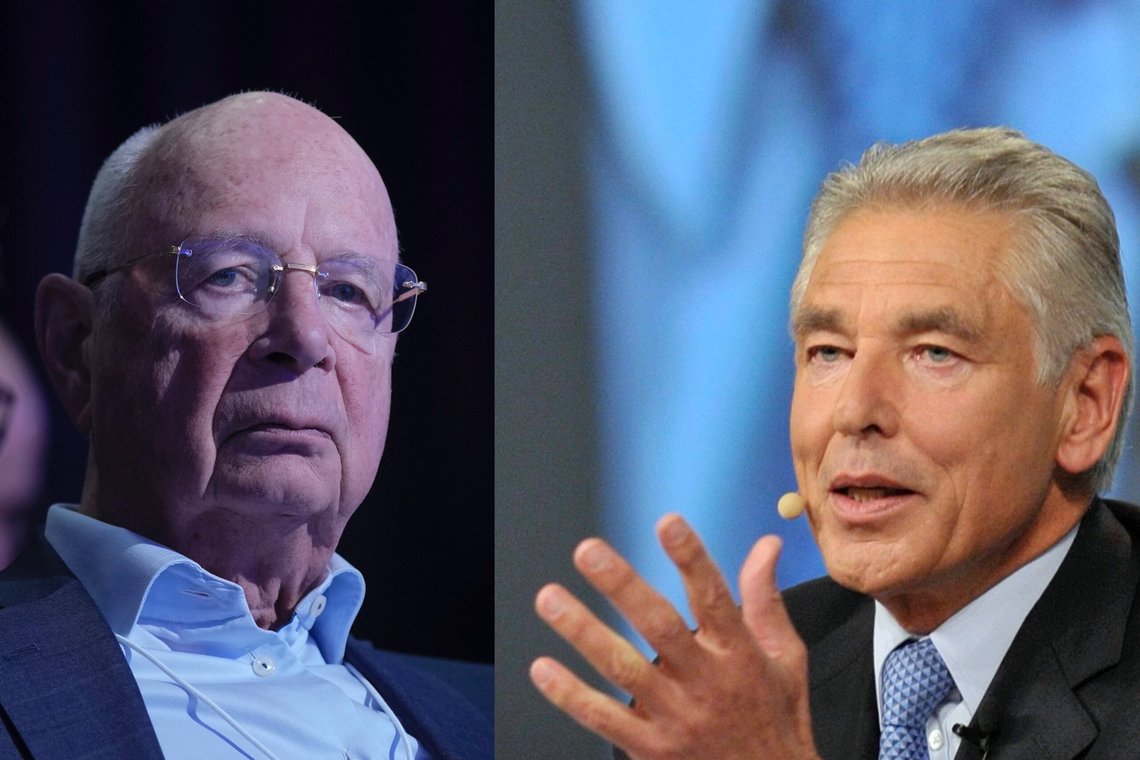 Klaus Schwab og hans nye midlertidige styreformann Peter Brabeck-Letmathe. Fotokollasje: AP Photo/Keystone, Laurent Gillieron og AP Photo/Markus Schreiber. Klaus Schwab og hans nye midlertidige styreformann Peter Brabeck-Letmathe. Fotokollasje: AP Photo/Keystone, Laurent Gillieron og AP Photo/Markus Schreiber.