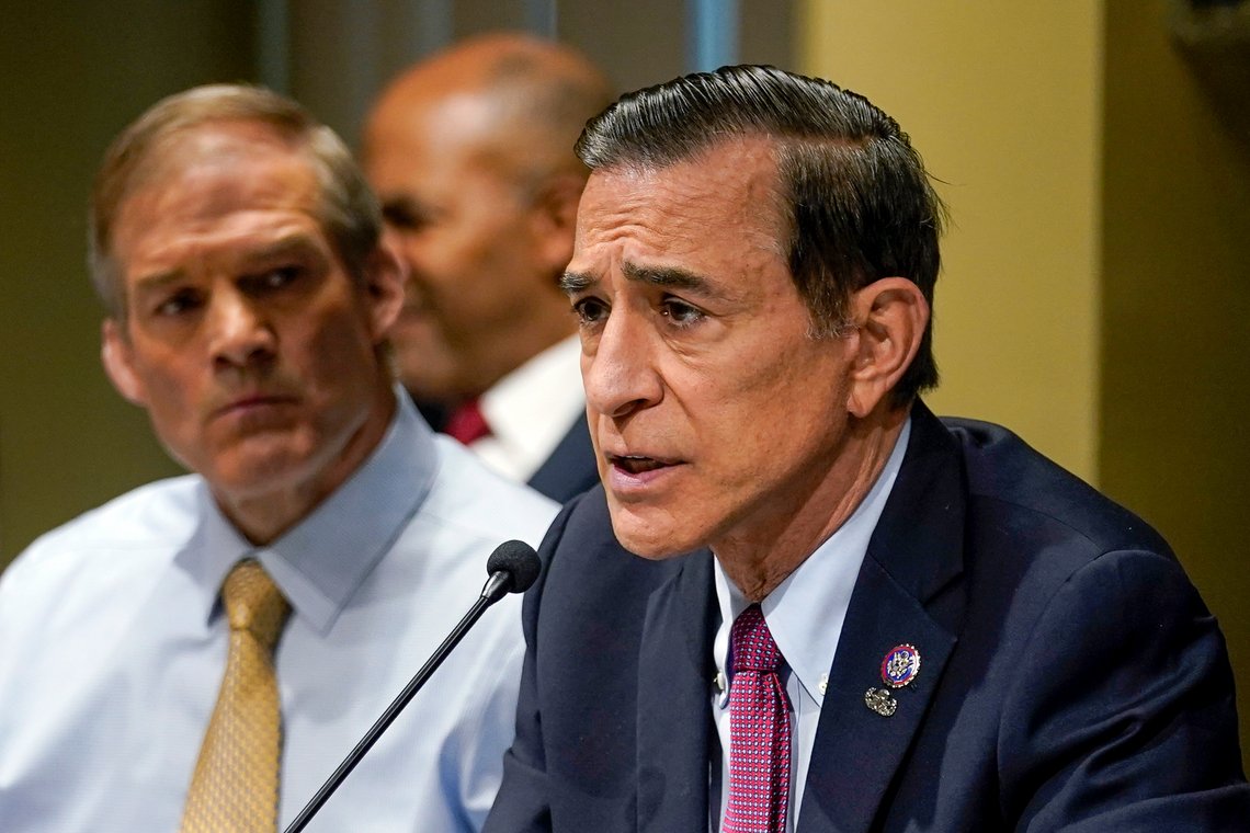 Rep. Darrell Issa, R-Calif., speaks alongside House Judiciary Committee Chair Jim Jordan, R-Ohio, left, during a House Judiciary Committee Field Hearing, Monday, April 17, 2023, in New York. Republicans upset with former President Donald Trump's indictment are escalating their war on Manhattan District Attorney Alvin Bragg who charged him, trying to embarrass him on his home turf. (AP Photo/John Minchillo) Rep. Darrell Issa, R-Calif., speaks alongside House Judiciary Committee Chair Jim Jordan, R-Ohio, left, during a House Judiciary Committee Field Hearing, Monday, April 17, 2023, in New York. Republicans upset with former President Donald Trump's indictment are escalating their war on Manhattan District Attorney Alvin Bragg who charged him, trying to embarrass him on his home turf. (AP Photo/John Minchillo)
