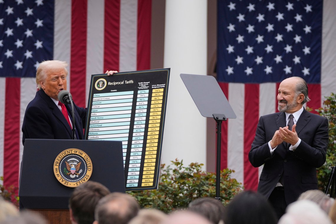 Næringsminister Howard Lutnick klapper mens Donald Trump onsdag viser fram den lange listen over land hvis varer vil bli underlagt nye amerikanske tollsatser. Foto: Mark Schiefelbein / AP / NTB Næringsminister Howard Lutnick klapper mens Donald Trump onsdag viser fram den lange listen over land hvis varer vil bli underlagt nye amerikanske tollsatser. Foto: Mark Schiefelbein / AP / NTB