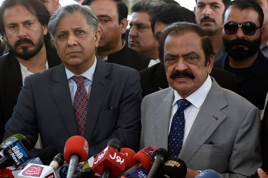 Pakistan's Interior Minister Rana Sanaullah, right, and Law Minister Azam Nazeer Tarar, left, speak to media outside the Supreme Court in Islamabad, Pakistan, Tuesday, April 4, 2023. Pakistan's Supreme Court ruled a panel's decision to delay provincial elections was unconstitutional and ordered the votes held by May 14, according to a lawyer involved in the case. (AP Photo/Anjum Naveed) Pakistan's Interior Minister Rana Sanaullah, right, and Law Minister Azam Nazeer Tarar, left, speak to media outside the Supreme Court in Islamabad, Pakistan, Tuesday, April 4, 2023. Pakistan's Supreme Court ruled a panel's decision to delay provincial elections was unconstitutional and ordered the votes held by May 14, according to a lawyer involved in the case. (AP Photo/Anjum Naveed)