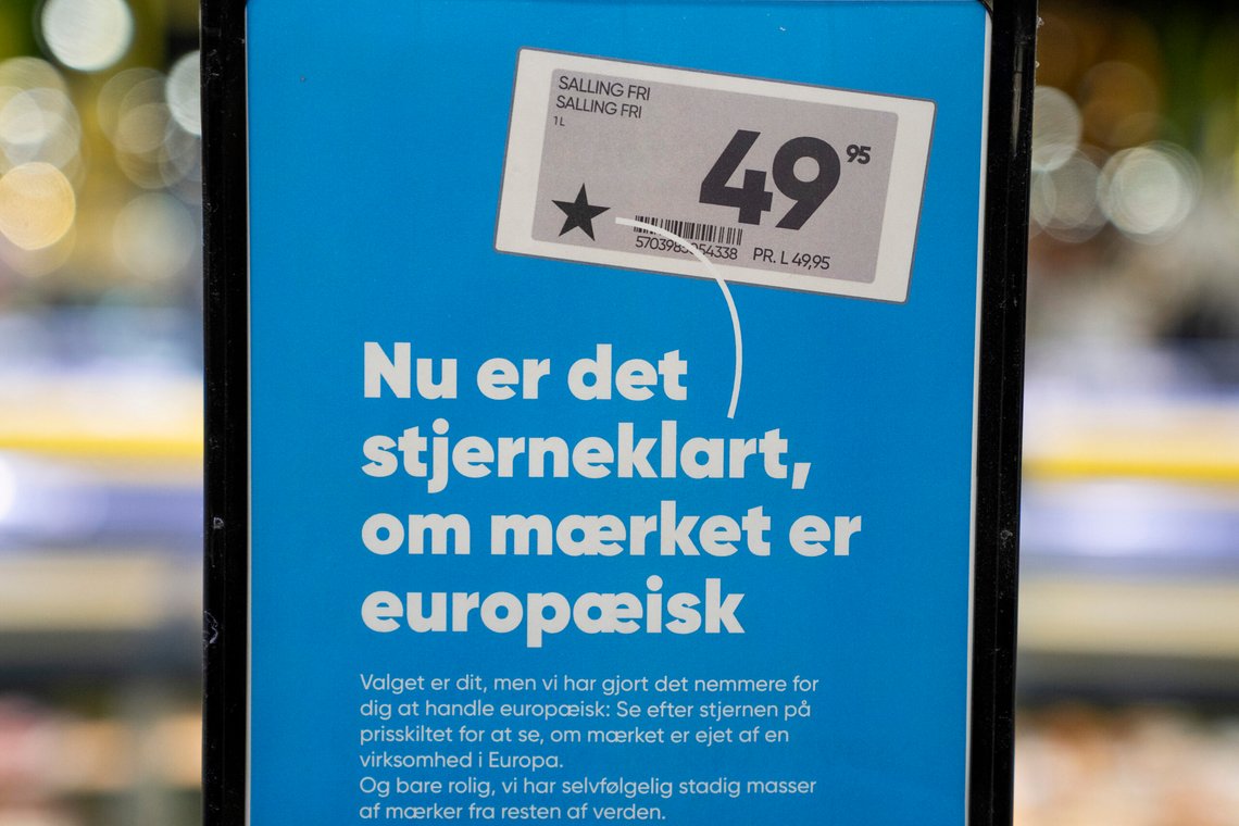 A sign in Bilka supermarket in Randers, Denmark, reads: ''Now it's star-clear whether the label is European. The choice is yours, but we've made it easier for you to shop European: Look for the star on the price tag to see if the label is owned by a company in Europe. And don't worry, we still have plenty of labels from the rest of the world.'', Monday, March 17, 2025. (Bo Amstrup/Ritzau Scanpix via AP) A sign in Bilka supermarket in Randers, Denmark, reads: ''Now it's star-clear whether the label is European. The choice is yours, but we've made it easier for you to shop European: Look for the star on the price tag to see if the label is owned by a company in Europe. And don't worry, we still have plenty of labels from the rest of the world.'', Monday, March 17, 2025. (Bo Amstrup/Ritzau Scanpix via AP)