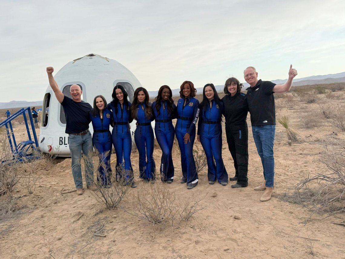 This image provided by Blue Origin shows from left: Jeff Bezos, Kerianne Flynn, Katy Perry, Lauren Sanchez, Aisha Bowe, Gayle King, Amanda Nguyen, Sarah Knights, director of Blue Origin's astronaut office, and Blue Origin CEO Dave Limp. (Blue Origin via AP) This image provided by Blue Origin shows from left: Jeff Bezos, Kerianne Flynn, Katy Perry, Lauren Sanchez, Aisha Bowe, Gayle King, Amanda Nguyen, Sarah Knights, director of Blue Origin's astronaut office, and Blue Origin CEO Dave Limp. (Blue Origin via AP)
