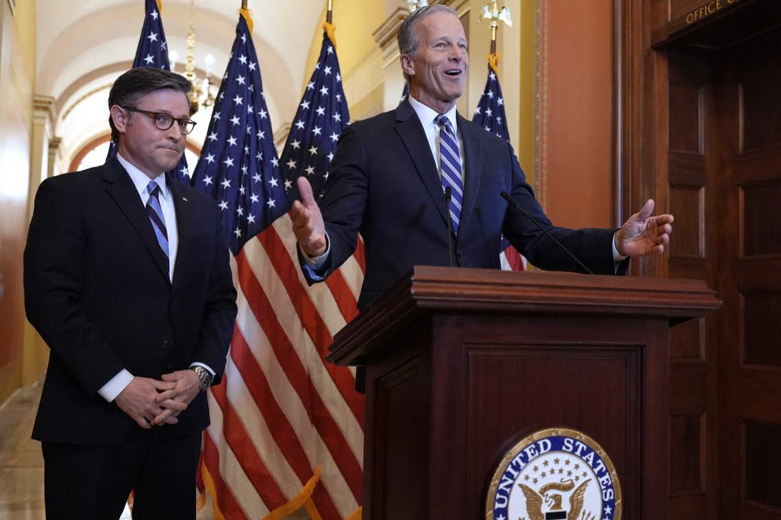 Speaker of the House Mike Johnson, R-La., left, and Senate Majority Leader John Thune, R-S.D., make statements to reporters ahead of vote in the House to pass a bill on President Donald Trump's top domestic priorities of spending reductions and tax breaks, at the Capitol in Washington, Thursday, April 10, 2025. (AP Photo/J. Scott Applewhite) Speaker of the House Mike Johnson, R-La., left, and Senate Majority Leader John Thune, R-S.D., make statements to reporters ahead of vote in the House to pass a bill on President Donald Trump's top domestic priorities of spending reductions and tax breaks, at the Capitol in Washington, Thursday, April 10, 2025. (AP Photo/J. Scott Applewhite)