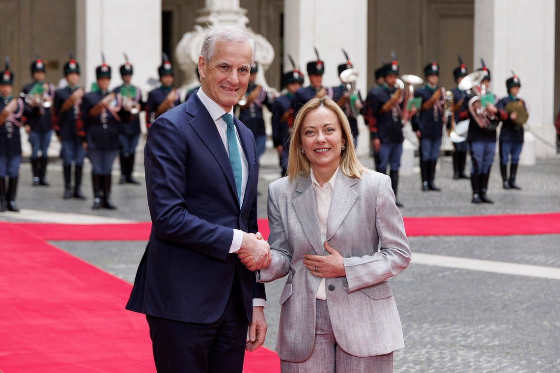 Italian Prime Minister Giorgia Meloni, right, poses with Norwegian Prime Minister Jonas Gahr Støre at Chigi Palace premier's office in Rome, Monday, April 14, 2025. (Roberto Monaldo/LaPresse via AP) Italian Prime Minister Giorgia Meloni, right, poses with Norwegian Prime Minister Jonas Gahr Støre at Chigi Palace premier's office in Rome, Monday, April 14, 2025. (Roberto Monaldo/LaPresse via AP)
