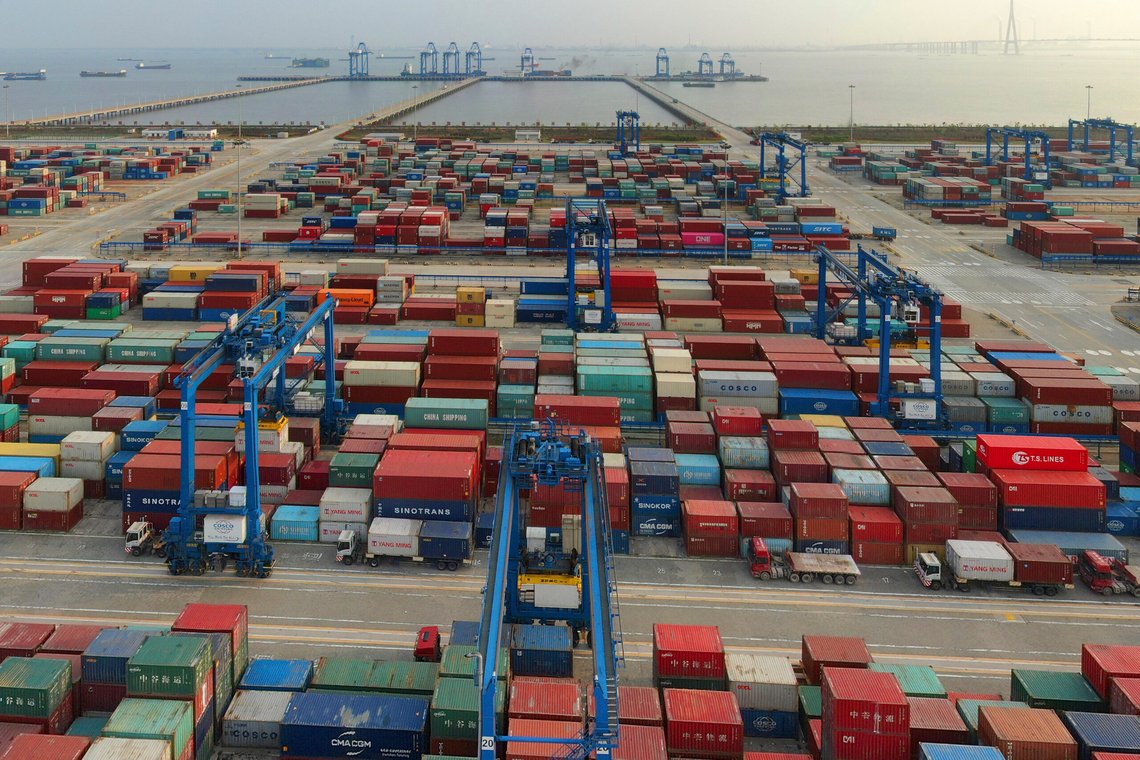 An aerial view of a container port on the Yangtze River in Nantong in eastern China's Jiangsu province on April 8, 2021. China's exports rose 30.6% over a year ago in March as global consumer demand strengthened and traders watched for signs of what President Joe Biden might do about reviving tariff war talks with Beijing. (Chinatopix via AP) An aerial view of a container port on the Yangtze River in Nantong in eastern China's Jiangsu province on April 8, 2021. China's exports rose 30.6% over a year ago in March as global consumer demand strengthened and traders watched for signs of what President Joe Biden might do about reviving tariff war talks with Beijing. (Chinatopix via AP)