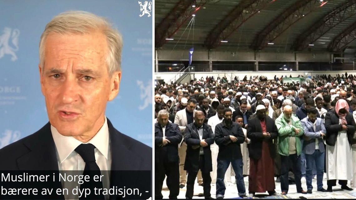Statminister Jonas Gahr Støre og flere av hans ministre og partifeller har vært ivrige på å feire slutten på den islamske fasten. Skjermdump fra Regjeringen/Samferdselsminister Jon-Ivar Nygård i Østfoldhallene. Statminister Jonas Gahr Støre og flere av hans ministre og partifeller har vært ivrige på å feire slutten på den islamske fasten. Skjermdump fra Regjeringen/Samferdselsminister Jon-Ivar Nygård i Østfoldhallene.