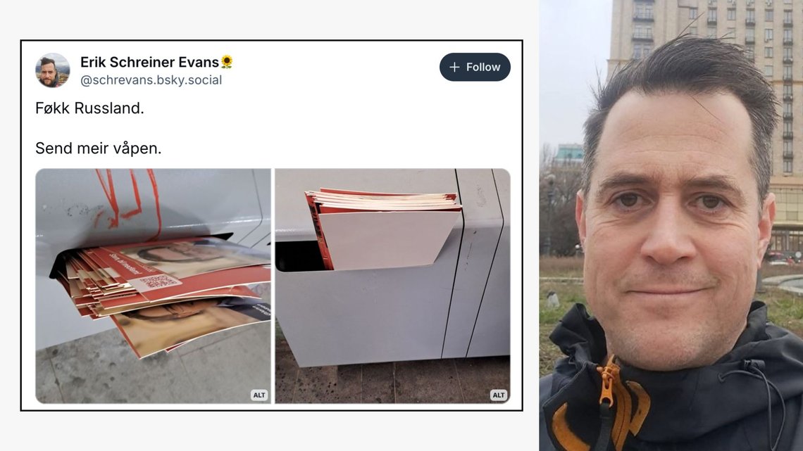 HÆRVERK: Erik Schreiner Evans er tidligere MDG-rådgiver og leder for bistandsorganisasjonen SAIH. På Bluesky har han delt bilder av hvordan han har fjernet brosjyrer og reklame. Foto: Privat HÆRVERK: Erik Schreiner Evans er tidligere MDG-rådgiver og leder for bistandsorganisasjonen SAIH. På Bluesky har han delt bilder av hvordan han har fjernet brosjyrer og reklame. Foto: Privat