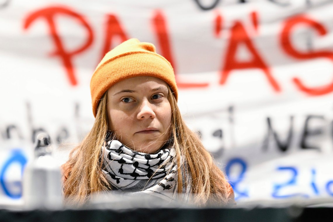 Activist Greta Thunberg sits on the podium at a pro-Palestinian demonstration on the market square in Mannheim, Germany, Friday, Dec. 6, 2024. (Uwe Anspach/dpa via AP) Activist Greta Thunberg sits on the podium at a pro-Palestinian demonstration on the market square in Mannheim, Germany, Friday, Dec. 6, 2024. (Uwe Anspach/dpa via AP)