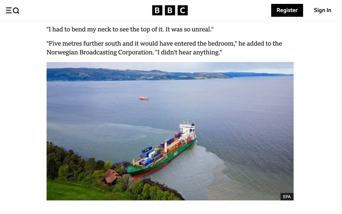 Faksimile fra BBC som omtaler grunnstøtingen til containerskipet NCL Salten ved Byneset i Trondheimsfjorden. Foto: Faksimile med eksportert NTB-bilde / NTB Faksimile fra BBC som omtaler grunnstøtingen til containerskipet NCL Salten ved Byneset i Trondheimsfjorden. Foto: Faksimile med eksportert NTB-bilde / NTB