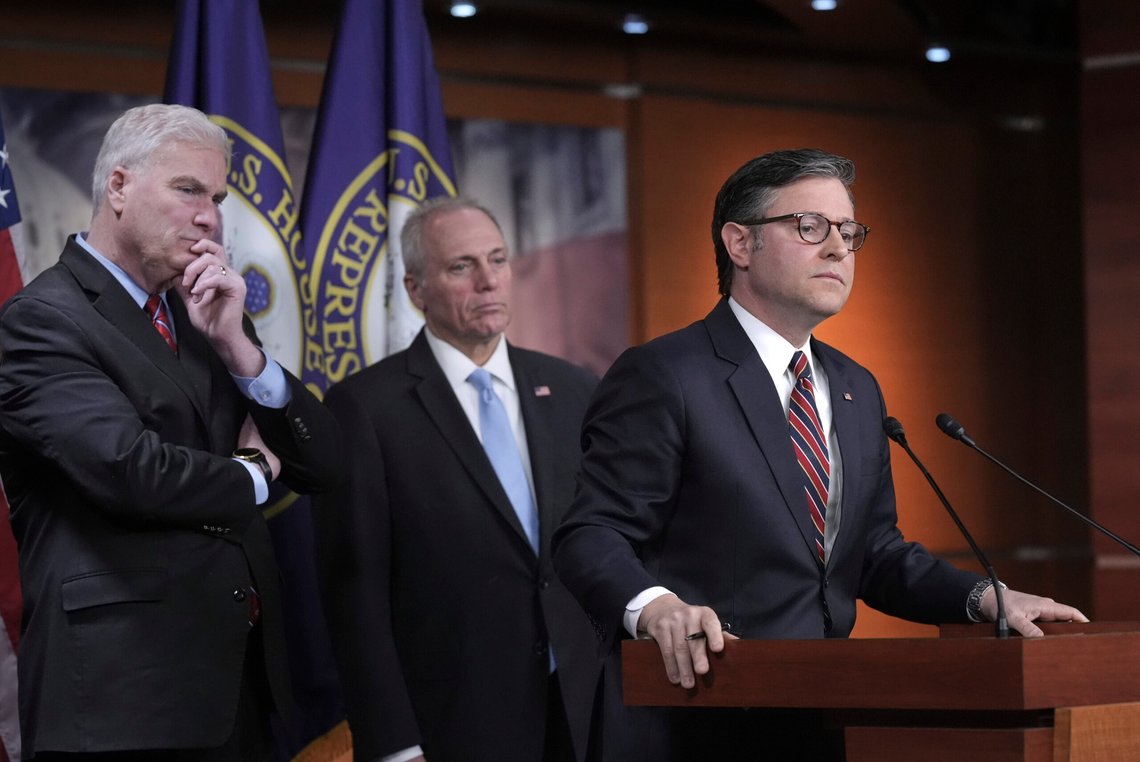 FILE - Speaker of the House Mike Johnson, R-La., joined from left by House Majority Whip Tom Emmer, R-Minn., and House Majority Leader Steve Scalise, R-La., talks to reporters about his push for a House-Senate compromise budget resolution to advance President Donald Trump's agenda, even with opposition from hard-line conservative Republicans, at the Capitol in Washington, April 8, 2025. (AP Photo/J. Scott Applewhite, File) FILE - Speaker of the House Mike Johnson, R-La., joined from left by House Majority Whip Tom Emmer, R-Minn., and House Majority Leader Steve Scalise, R-La., talks to reporters about his push for a House-Senate compromise budget resolution to advance President Donald Trump's agenda, even with opposition from hard-line conservative Republicans, at the Capitol in Washington, April 8, 2025. (AP Photo/J. Scott Applewhite, File)
