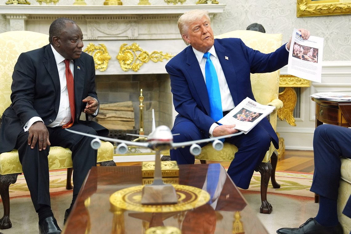 President Donald Trump shows documents as he meets South Africa's President Cyril Ramaphosa in the Oval Office of the White House, Wednesday, May 21, 2025, in Washington. (AP Photo/Evan Vucci) President Donald Trump shows documents as he meets South Africa's President Cyril Ramaphosa in the Oval Office of the White House, Wednesday, May 21, 2025, in Washington. (AP Photo/Evan Vucci)