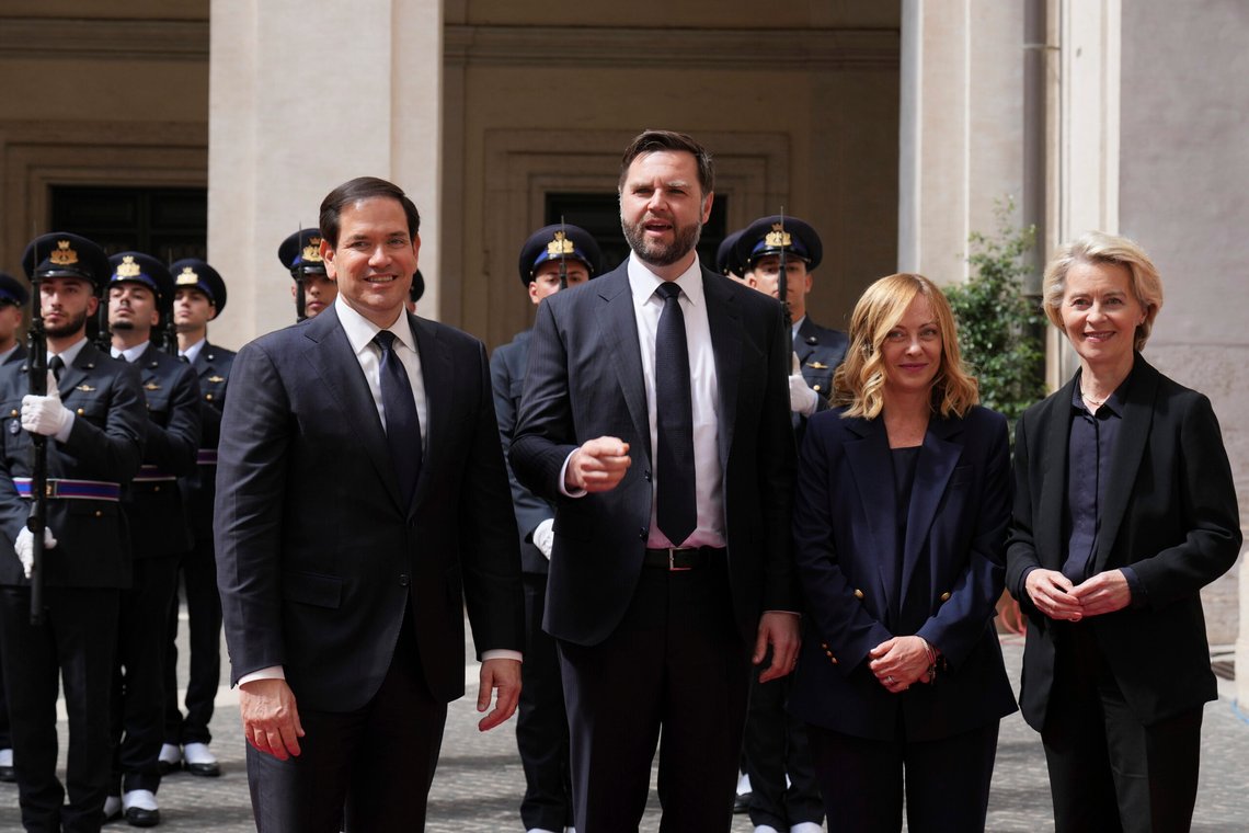 Secretary of State Marco Rubio, from left, Vice President JD Vance, Italy's Prime Minister Giorgia Meloni and European Commission President Ursula von der Leyen pose for a group photo as they arrive for a meeting at the Chigi Palace in Rome, Italy, Sunday, May 18, 2025. (AP Photo/Jacquelyn Martin, Pool) Secretary of State Marco Rubio, from left, Vice President JD Vance, Italy's Prime Minister Giorgia Meloni and European Commission President Ursula von der Leyen pose for a group photo as they arrive for a meeting at the Chigi Palace in Rome, Italy, Sunday, May 18, 2025. (AP Photo/Jacquelyn Martin, Pool)