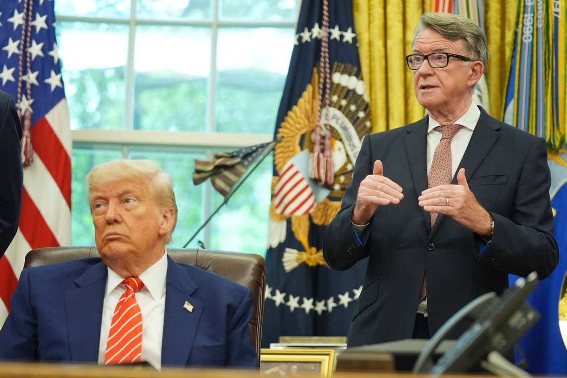 President Donald Trump, listening to Britian's ambassador to the Peter Mandelson, right, delivering remarks on a trade deal between U.S. and U.K. in the Oval Office of the White House, Thursday, May 8, 2025, in Washington. (AP Photo/Evan Vucci) President Donald Trump, listening to Britian's ambassador to the Peter Mandelson, right, delivering remarks on a trade deal between U.S. and U.K. in the Oval Office of the White House, Thursday, May 8, 2025, in Washington. (AP Photo/Evan Vucci)