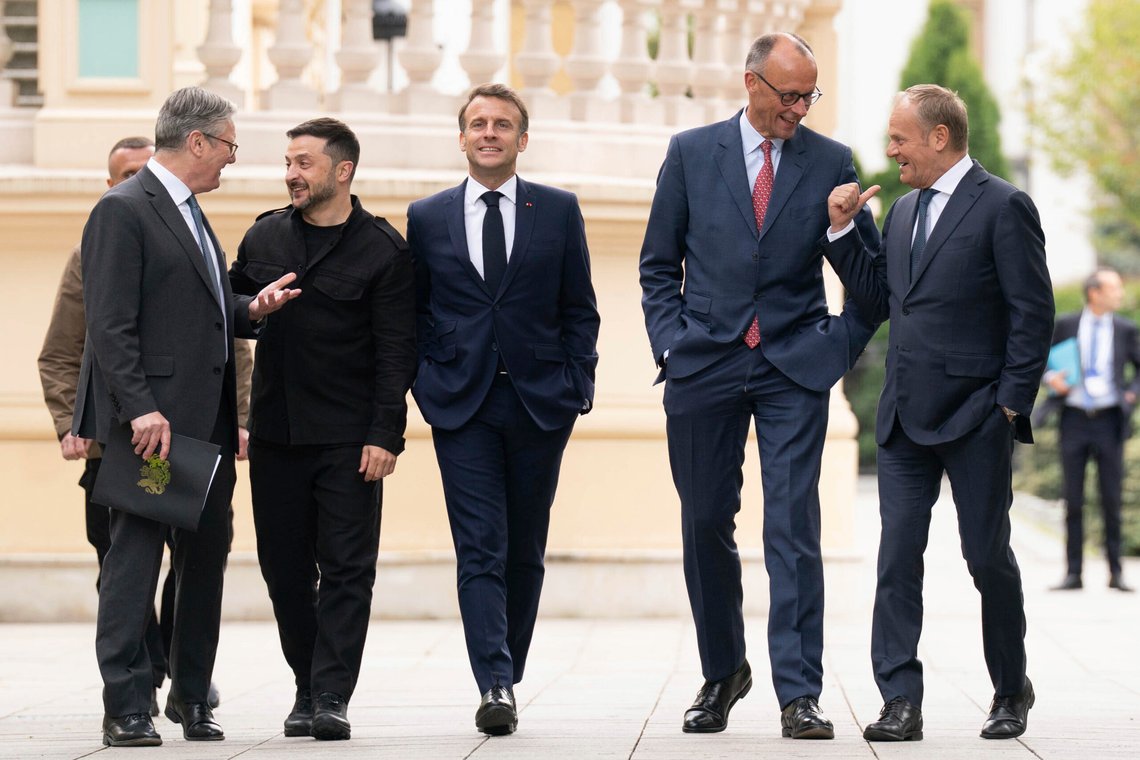 From left, British Prime Minister Keir Starmer, Ukrainian President Volodymyr Zelenskyy, French President Emmanuel Macron, German Chancellor Friedrich Merz and Poland's Prime Minister Donald Tusk walk at the Presidential Palace in Kyiv, Ukraine, Saturday May 10, 2025. (Stefan Rousseau/Pool Photo via AP) From left, British Prime Minister Keir Starmer, Ukrainian President Volodymyr Zelenskyy, French President Emmanuel Macron, German Chancellor Friedrich Merz and Poland's Prime Minister Donald Tusk walk at the Presidential Palace in Kyiv, Ukraine, Saturday May 10, 2025. (Stefan Rousseau/Pool Photo via AP)