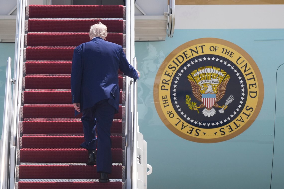 President Donald Trump boards Air Force One at Joint Base Andrews, Md., on his way to Riyadh, Saudi Arabia, Monday, May 12, 2025. (AP Photo/Manuel Balce Ceneta) President Donald Trump boards Air Force One at Joint Base Andrews, Md., on his way to Riyadh, Saudi Arabia, Monday, May 12, 2025. (AP Photo/Manuel Balce Ceneta)