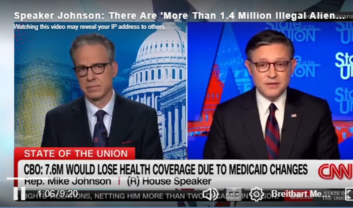 Speaker Mike Johnson (R) i samtale med Jake Tapper på CNNs «State of the Union». Stillbilde video/ Breitbart News Speaker Mike Johnson (R) i samtale med Jake Tapper på CNNs «State of the Union». Stillbilde video/ Breitbart News