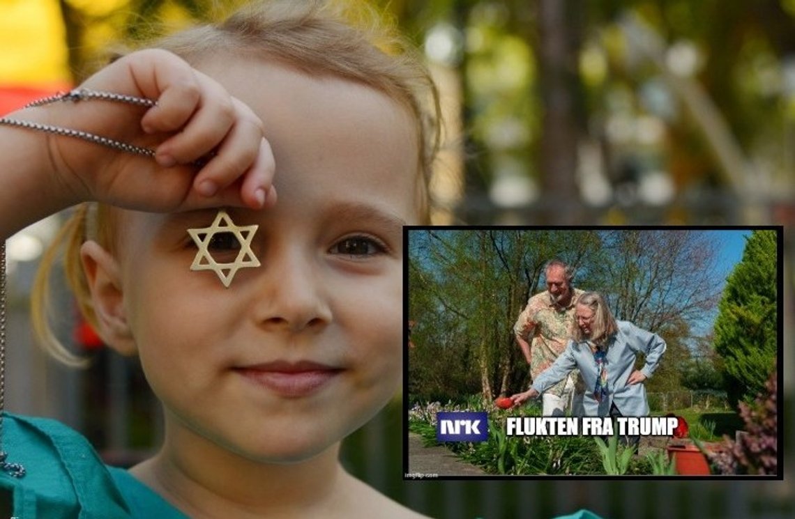 Montasje: Portrett av en liten jente som ser gjennom Davidsstjernen. Shutterstock av Shu Studio. Innfelt bilde: Flukten fra Trump. Kilde: NRK. Montasje: Portrett av en liten jente som ser gjennom Davidsstjernen. Shutterstock av Shu Studio. Innfelt bilde: Flukten fra Trump. Kilde: NRK.