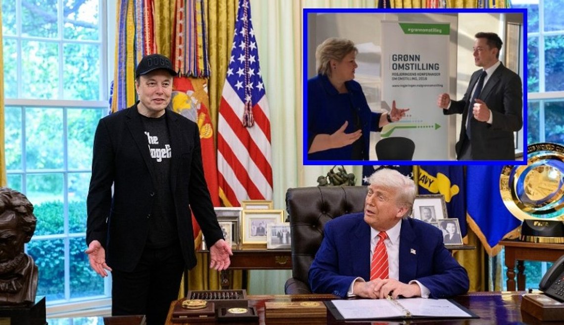 President Donald Trump deltar på en pressekonferanse med DOGE-rådgiver Elon Musk, fredag 30. mai 2025, i Det ovale kontor. (Offisielt bilde fra Det hvite hus tatt av Molly Riley). Kilde: Wikipedia. Musk sammen med tidligere konservativ statsminister Erna Solberg på en konferanse om «grønn omstilling» i 2016. Foto: Statsministerens kontor. Kilde: newsinenglish.no. President Donald Trump deltar på en pressekonferanse med DOGE-rådgiver Elon Musk, fredag 30. mai 2025, i Det ovale kontor. (Offisielt bilde fra Det hvite hus tatt av Molly Riley). Kilde: Wikipedia. Musk sammen med tidligere konservativ statsminister Erna Solberg på en konferanse om «grønn omstilling» i 2016. Foto: Statsministerens kontor. Kilde: newsinenglish.no.