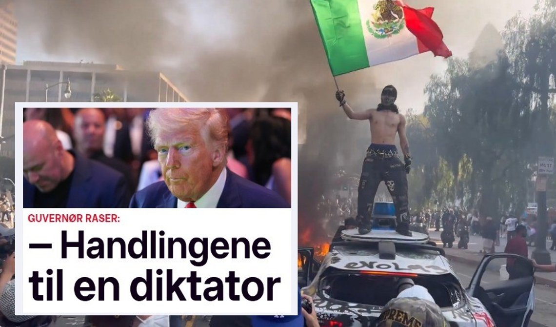 Skjermbilde fra video som viser opprørere i Los Angeles. Innfelt bilde: TV2-forside om opptøyene i Los Angeles. Skjermbilde fra video som viser opprørere i Los Angeles. Innfelt bilde: TV2-forside om opptøyene i Los Angeles.
