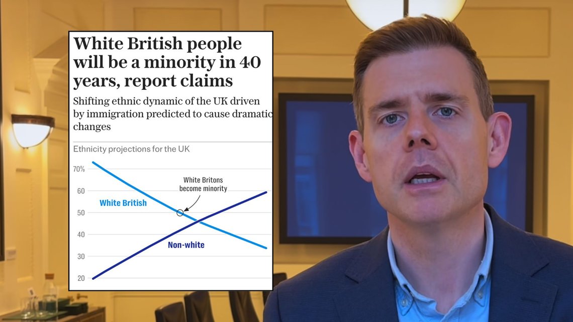 NY RAPPORT: Professor Matt Goodwin har utarbeidet en rapport som viser hvordan hvite briter vil havne i mindretall om under 40 år. Foto: Skjermbilde Matt Goodwin YouTube NY RAPPORT: Professor Matt Goodwin har utarbeidet en rapport som viser hvordan hvite briter vil havne i mindretall om under 40 år. Foto: Skjermbilde Matt Goodwin YouTube