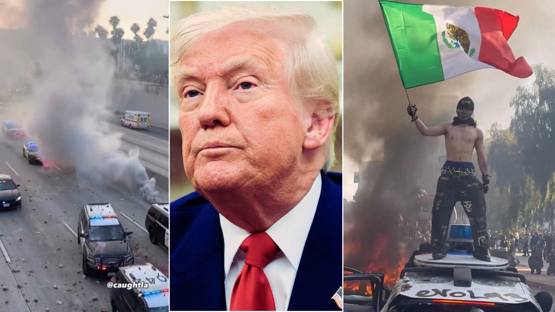 OPPTØYER: Los Angeles har i flere dager vært preget av opptøyer. Donald Trumps administrasjon anklager guvernøren for å ikke ha løftet en finger for å stoppe det. Foto: X/(Pool via AP) OPPTØYER: Los Angeles har i flere dager vært preget av opptøyer. Donald Trumps administrasjon anklager guvernøren for å ikke ha løftet en finger for å stoppe det. Foto: X/(Pool via AP)