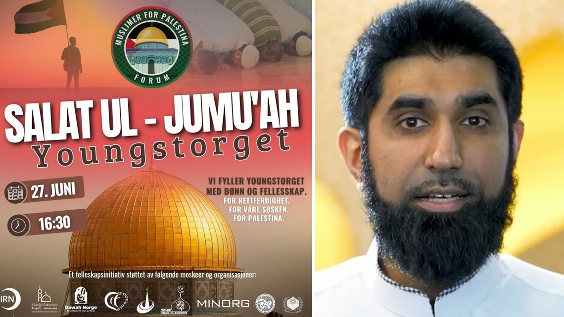 VISE MAKT: Fahad Qureshi i IslamNet står i spissen for fredagsbønnen som skal foregå utendørs på Youngstorget fredag, hvor han håper å samle 10.000 muslimer for Palestina-saken. Foto: Muslimer for Palestina VISE MAKT: Fahad Qureshi i IslamNet står i spissen for fredagsbønnen som skal foregå utendørs på Youngstorget fredag, hvor han håper å samle 10.000 muslimer for Palestina-saken. Foto: Muslimer for Palestina