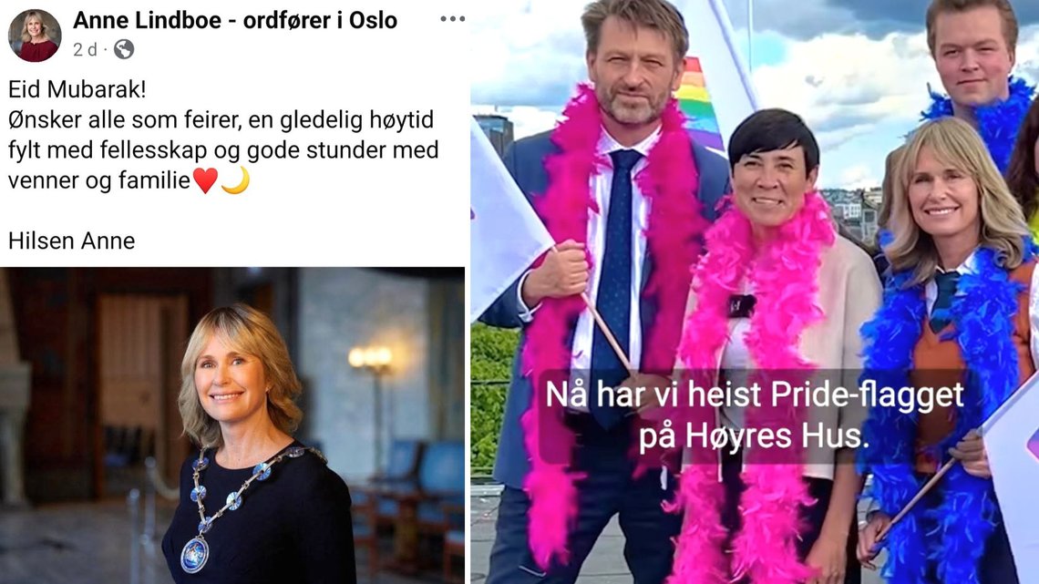 Høyre i Oslo, og Høyres ordfører i hovedstaden feirer islam og Pride for fulle mugger, mens pinsen ignoreres, i likhet med påsken. Skjermdump fra de siste dagene. Høyre i Oslo, og Høyres ordfører i hovedstaden feirer islam og Pride for fulle mugger, mens pinsen ignoreres, i likhet med påsken. Skjermdump fra de siste dagene.